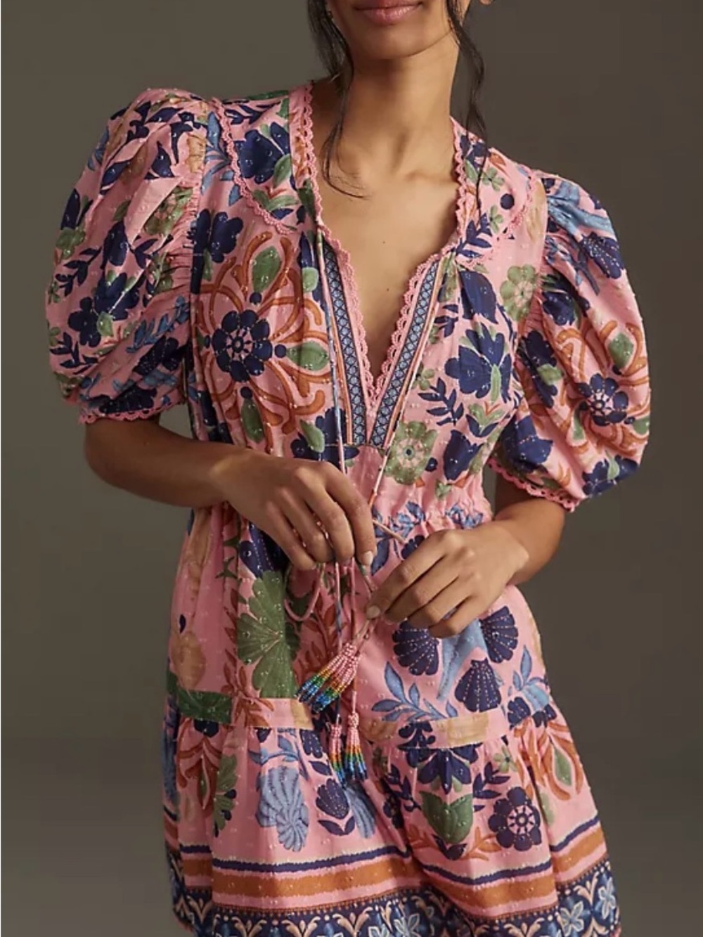 FARM Rio Pink Floral Puff-Sleeve Mini Dress with Green & Blue Accents